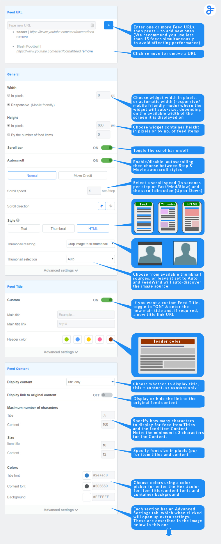 FeedWind setup screen (RSS widget)