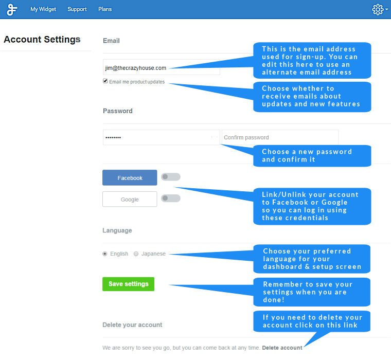 FeedWind account settings