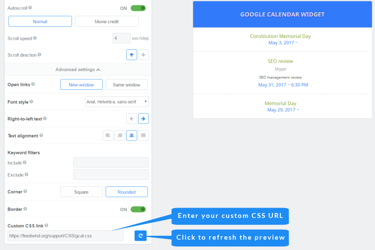 Custom Google Calendar Widget Using CSS FeedWind Support