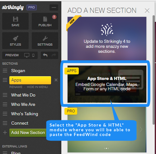 strikingly feed widget App Store & HTML