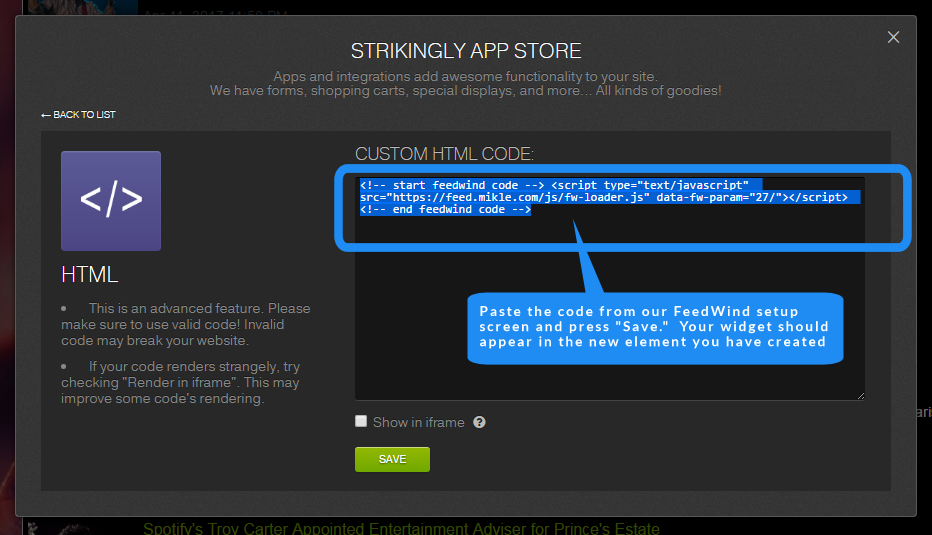 strikingly feed widget HTML code