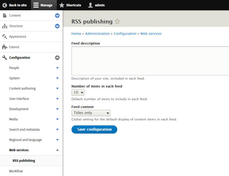 drupal rss feed settings