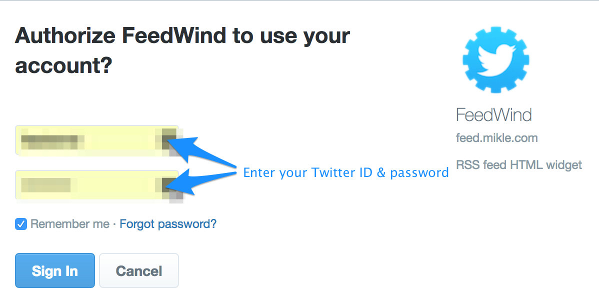 Input Twitter ID and password