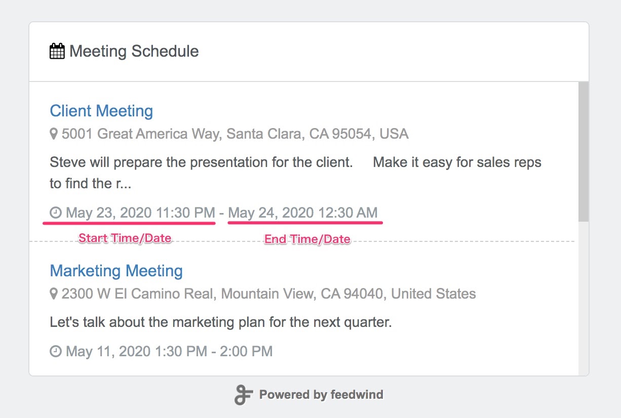 Display Start & End Time, Dates in Calendar Widget FeedWind