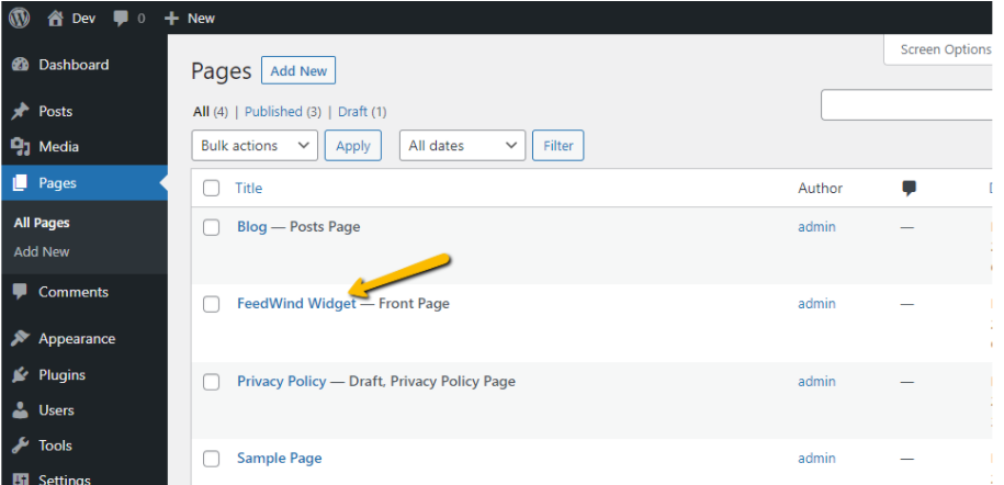 WordPress select page option