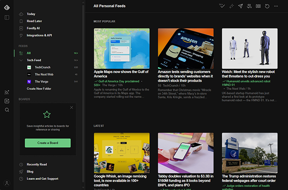 Feedly content dashboard organizing blogs and news feeds