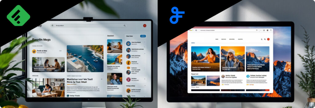 split-screen graphic showing Feedly and feedwind