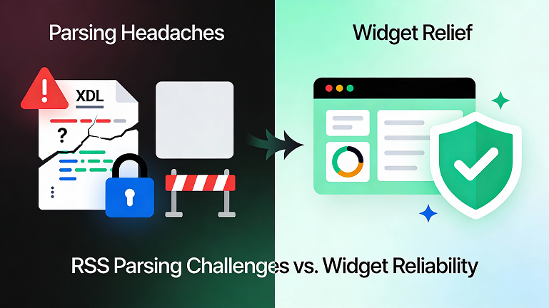 RSS parsing challenges vs widget solution infographic