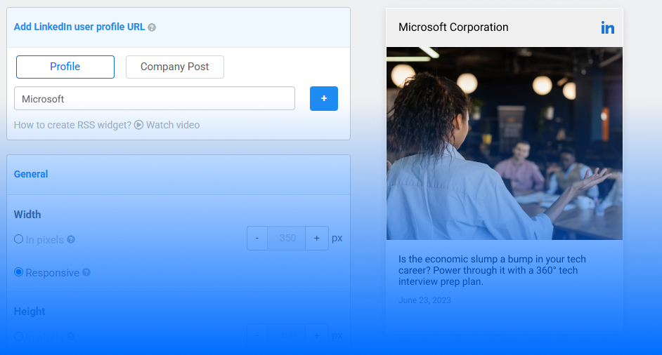 FeedWind LinkedIn widget builder showing live preview